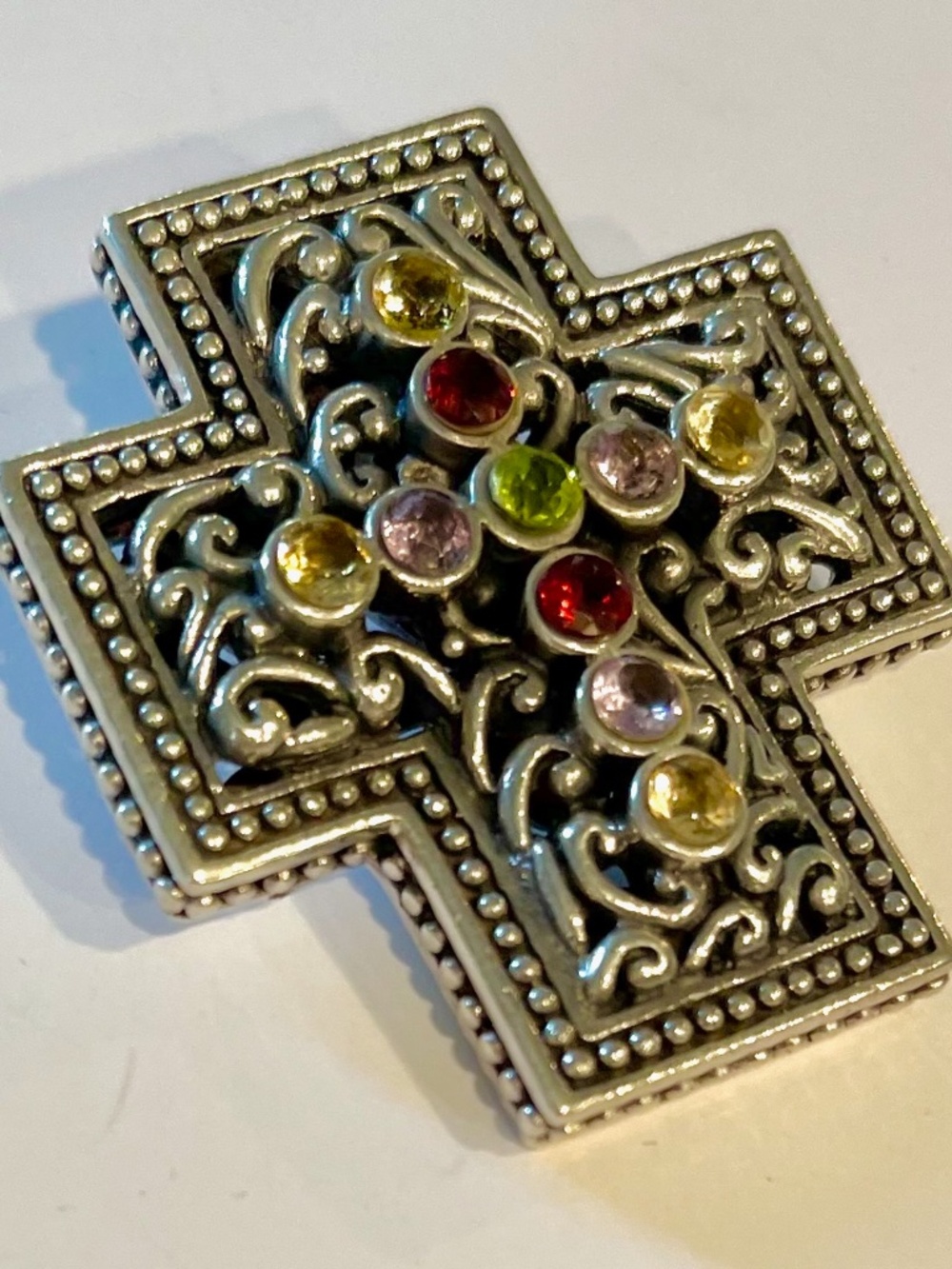 44 Grams! VINTAGE USA BARSE Gemstone 925 Sterling Silver CROSS Pendant Enhancer